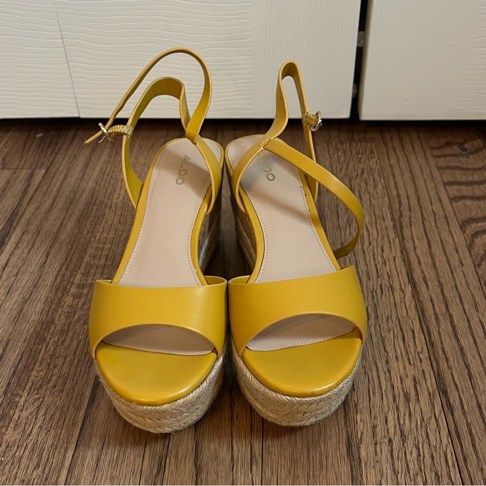 Aldo Mustard Yellow Wedge Sandals